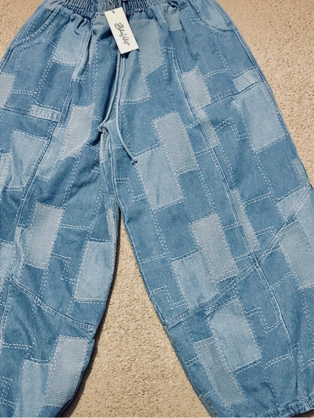 Blue Velvet Denim Patchwork Drawstring Jeans - Picture 5 of 9